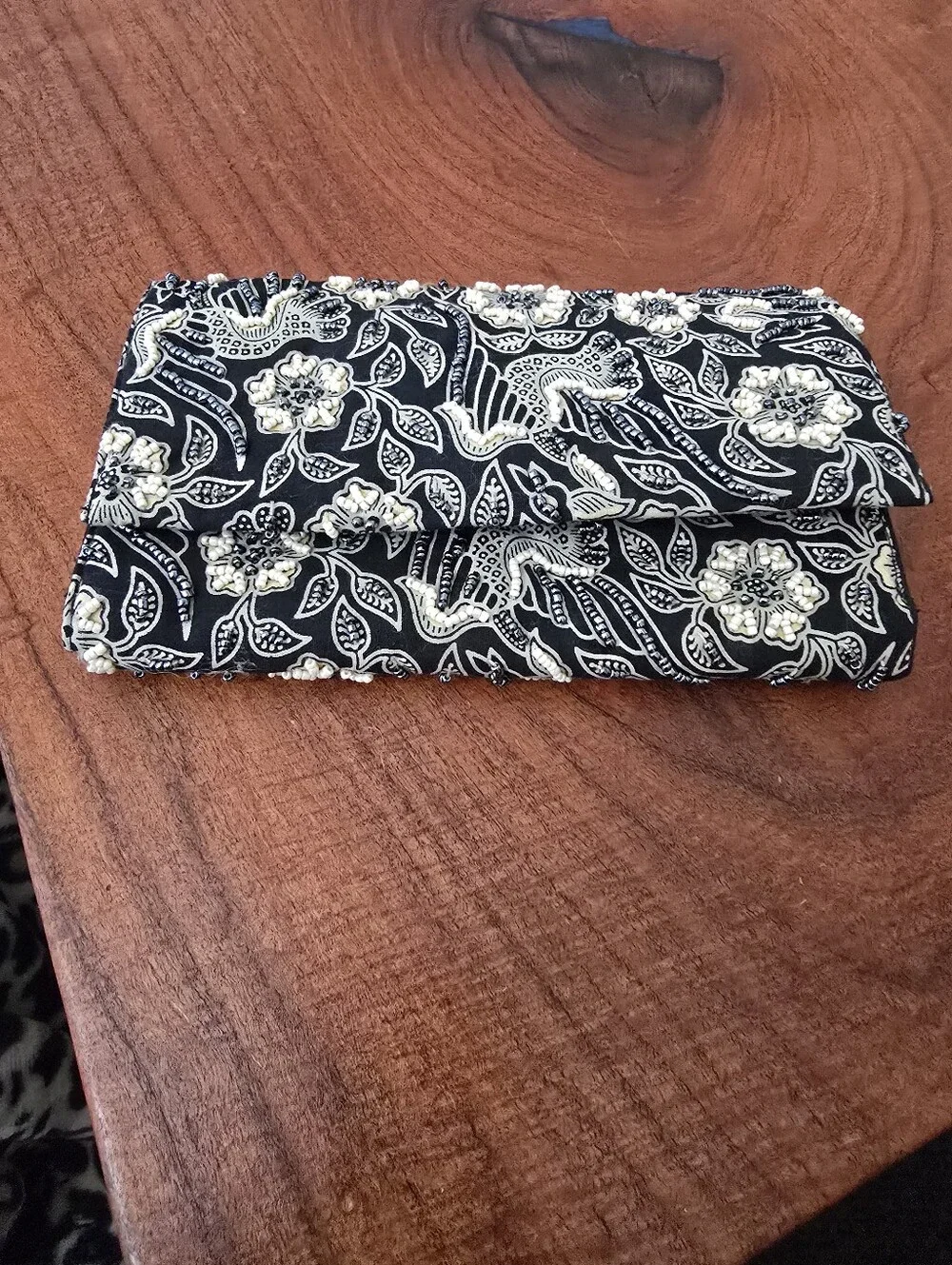 BELLASIMA Black and White Floral Embellished Foldover Clutch Made In Indonesia